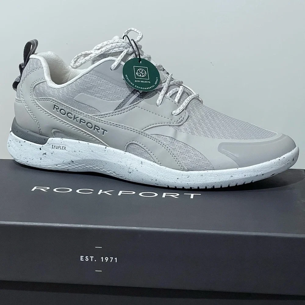Rockport Sneakers Men’s Leather Lace-Up Pull-On Tab Truflex Sole Speckle Gray